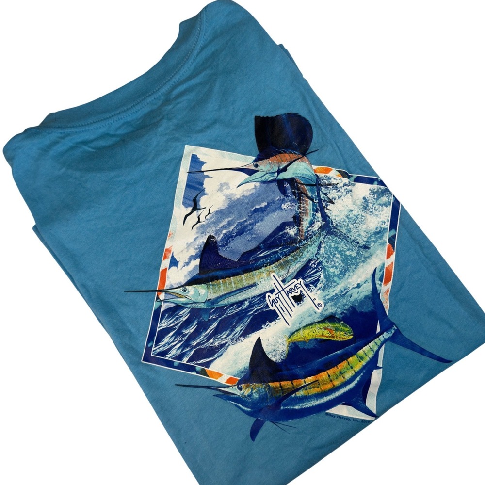 Guy Harvey T-Shirt 2019 Blue Cotton Marlin Fish Graphic Print Mens XL